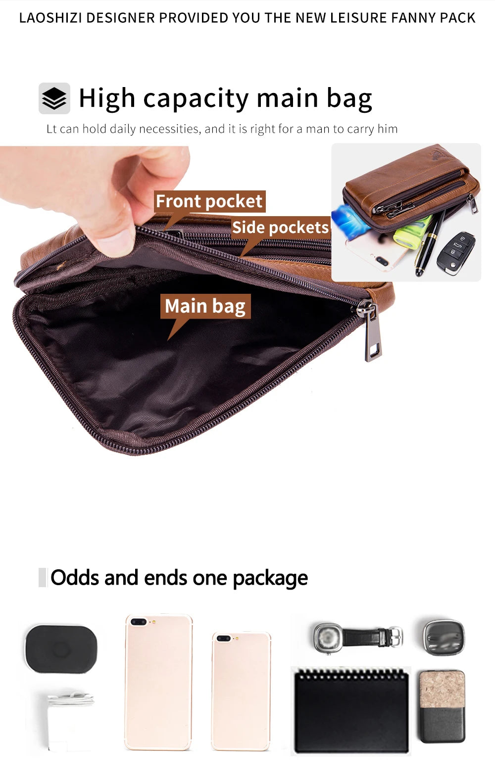Men’s Genuine Leather Waist Bag with Phone Holder