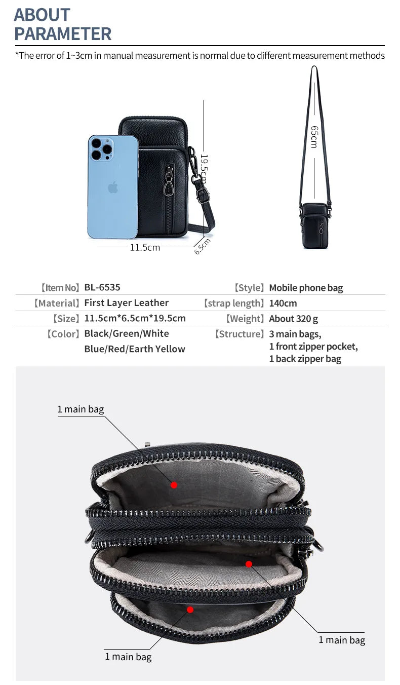 Women’s Genuine Leather Crossbody Messenger Bag with Multi Pockets